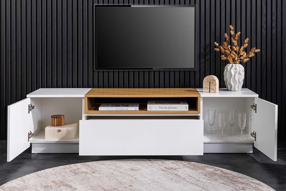 Modernes TV-Board LOFT 160cm weiß natur drei Fächer mit Schublade