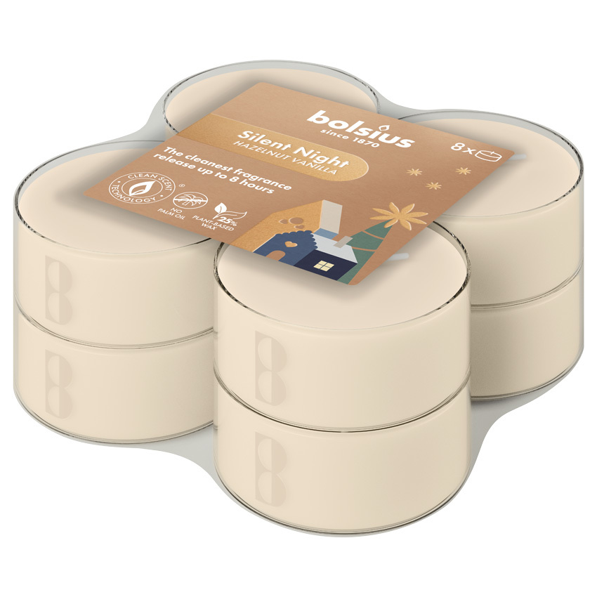 Bolsius Maxilichten clear cup 8u True Glow Silent Night (8 stuks)