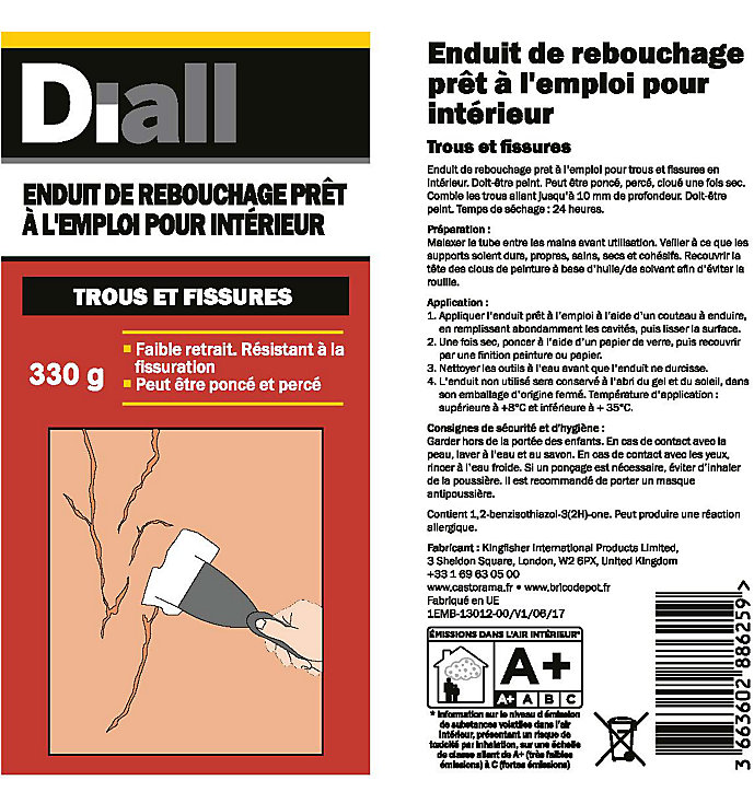 Enduit de rebouchage prêt à l'emploi trous et fissures DIALL 330g