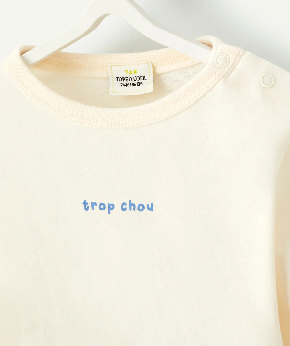 T-SHIRT BÉBÉ GARÇON ÉCRU EN COTON BIO AVEC MESSAGE BLEU