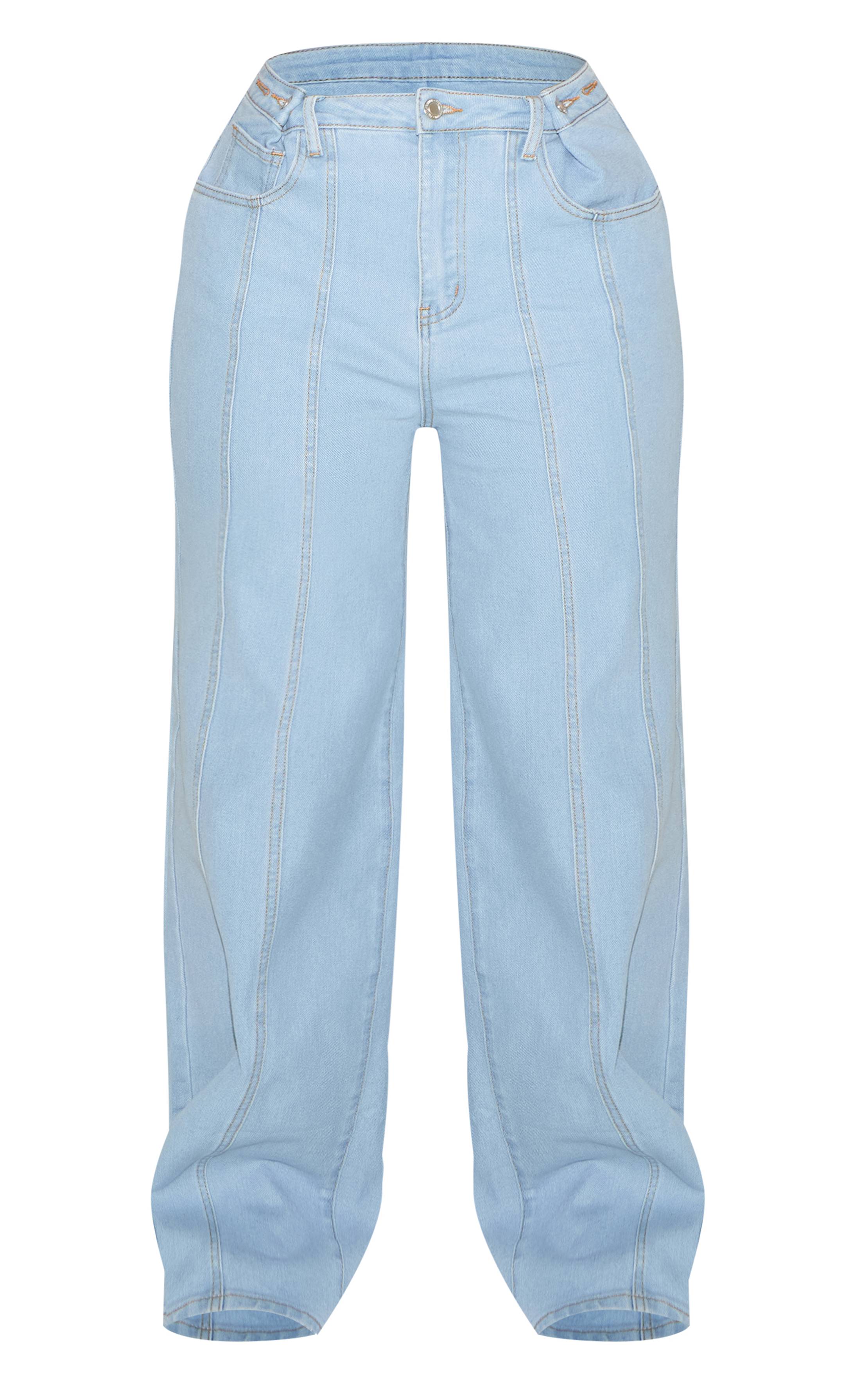 Bleu Clair Jean Taille Haute Jambes Larges En Denim Stretch Sculptant Avec Bouton Ajustable