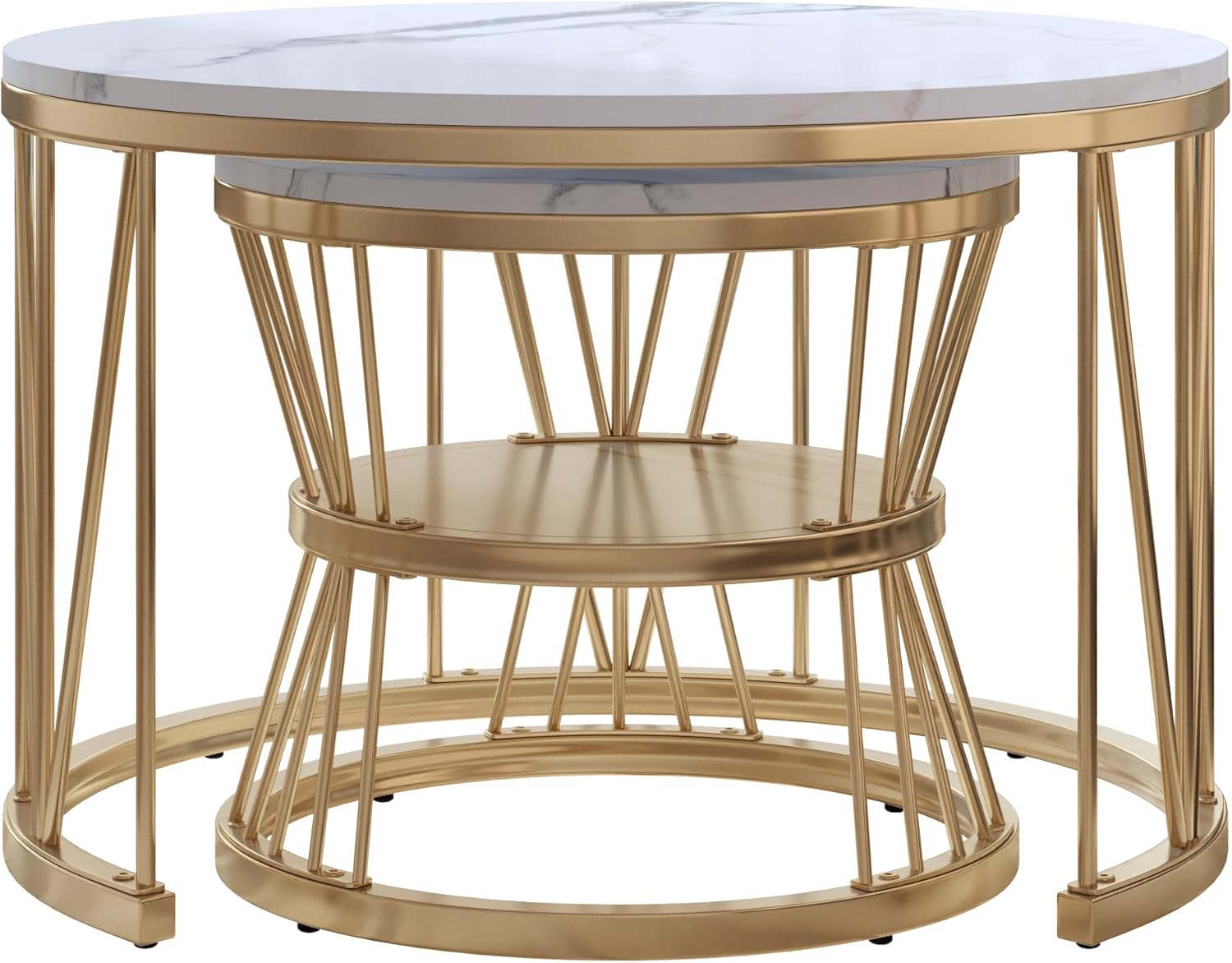 Couchtisch Rund 2er Set,Wohnzimmertisch mit Stauraum,Marmoroptik und Metallgestell,Beistelltisch,für Wohnzimmer,Balkon (Gold-4)