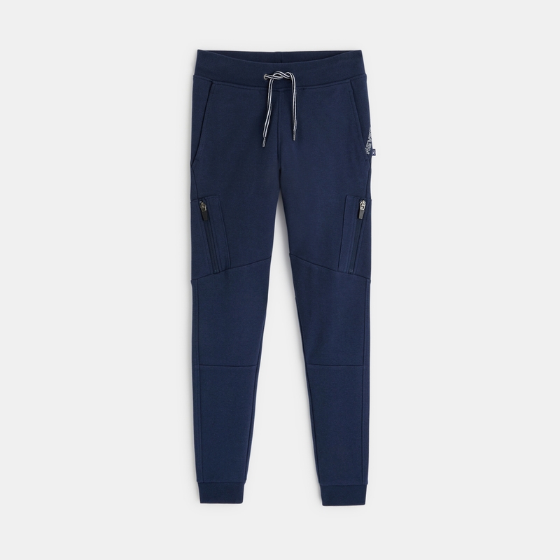 Pantalon de jogging molleton poches zippées bleu garçon