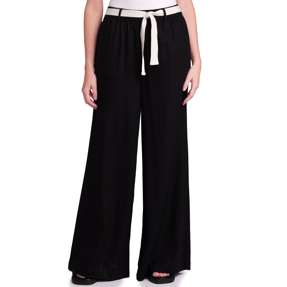Gina Benotti Damen Leinen-Hose mit Bindegürtel schwarz