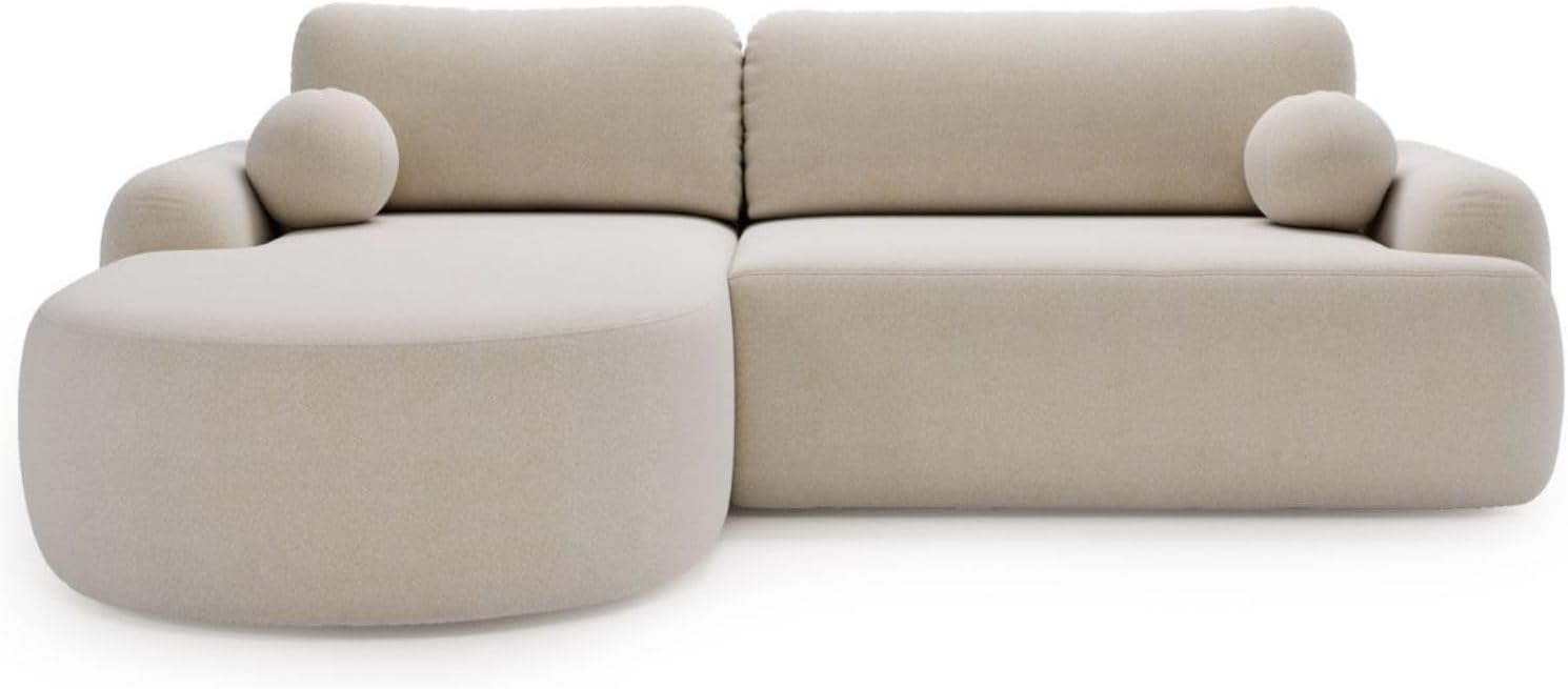 GRAINGOLD Aurio Ecksofa mit Schlaffunktion & Bettkasten 261x177 cm, L-Form Sofa mit Stauraum, Schlafcouch für Wohnzimmer, Bouclé-Stoff, 3-Sitzer Eckcouch, Modernes Design (Creme, Links)