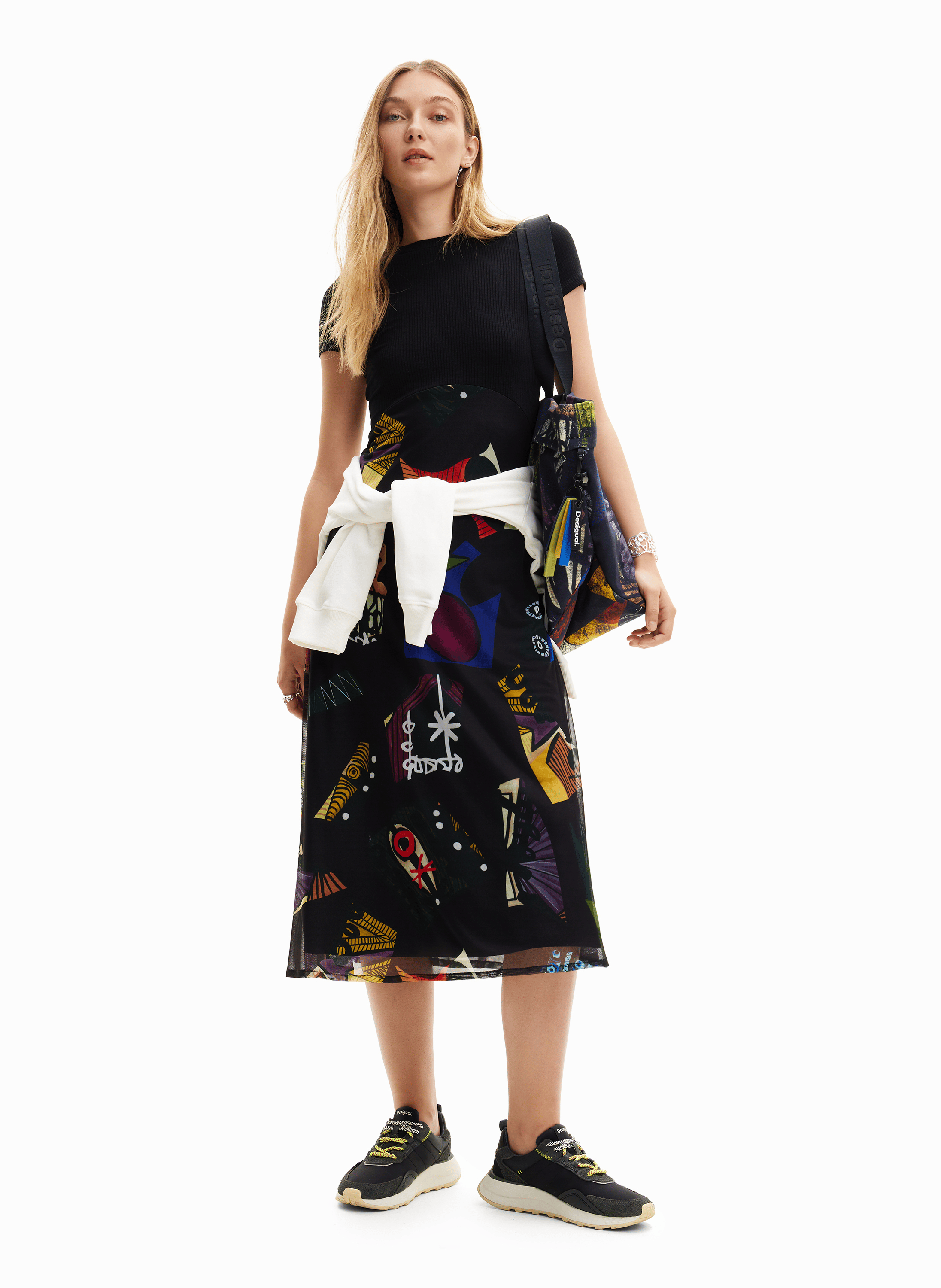 Robe midi col rond combinée | Noir