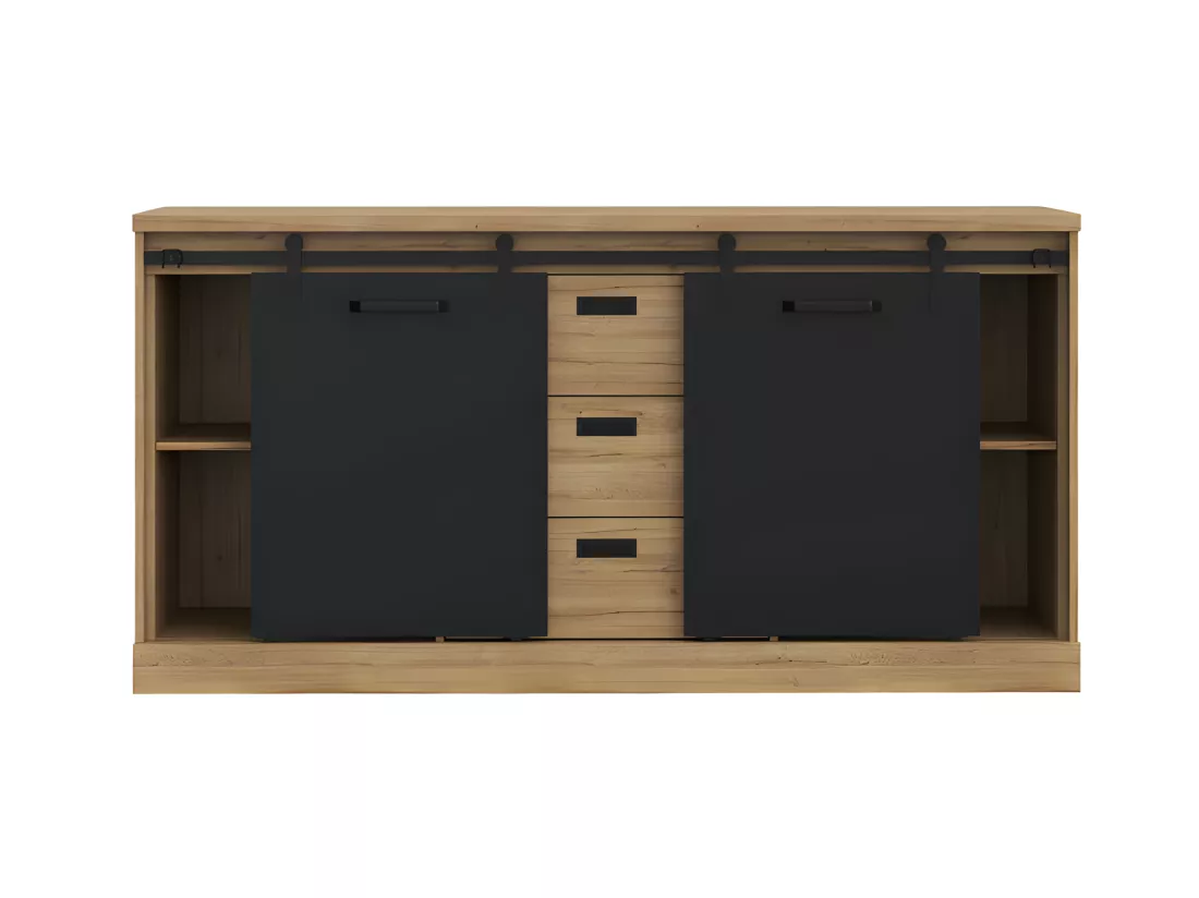 Buffet 174 cm 2 portes coulissantes 3 tiroirs décor chêne noir - FARM