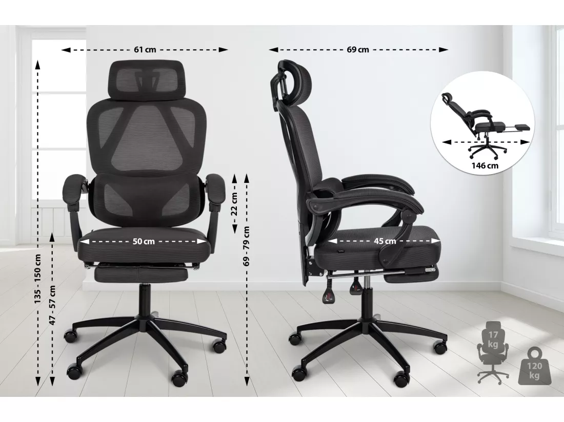 Chaise de bureau - Tissu & Blanc - Noir - Gander