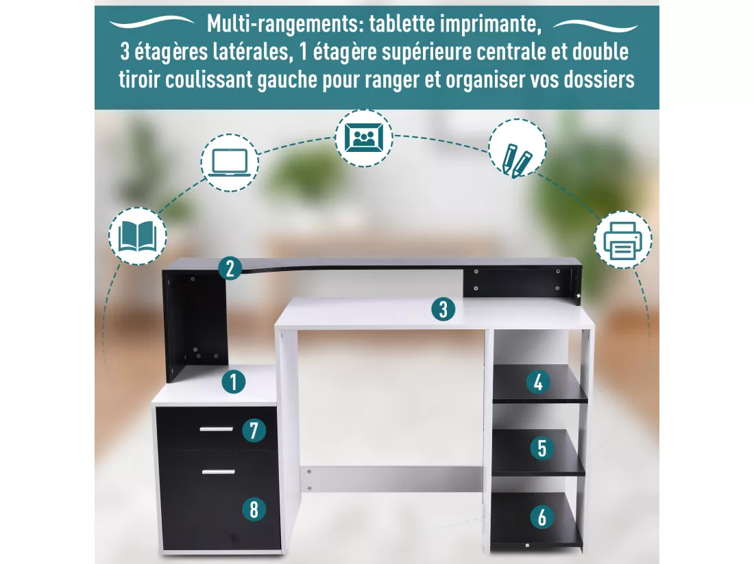Bureau informatique multimédia design multi-rangements 137 L x 55 l x 92 H cm noir et blanc
