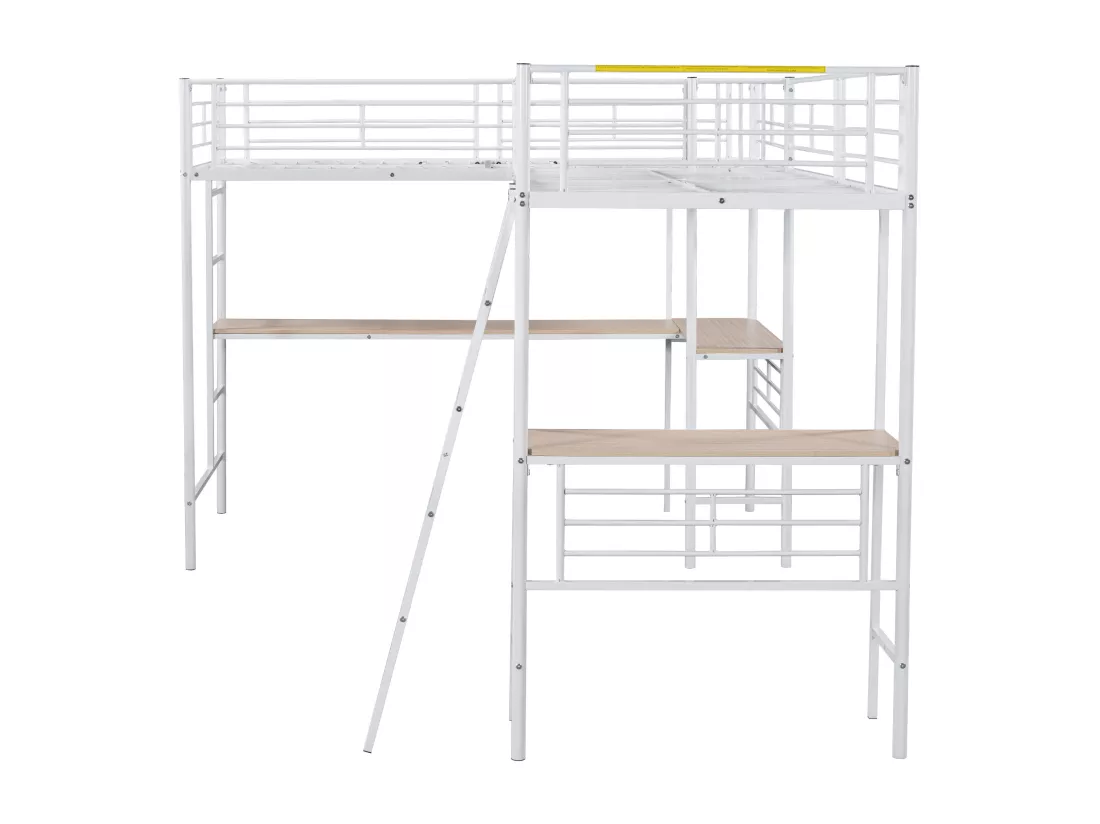 Lit mezzanine 2 places - 2 x 90 x 200 cm - avec bureau d'angle et échelles - métal - blanc
