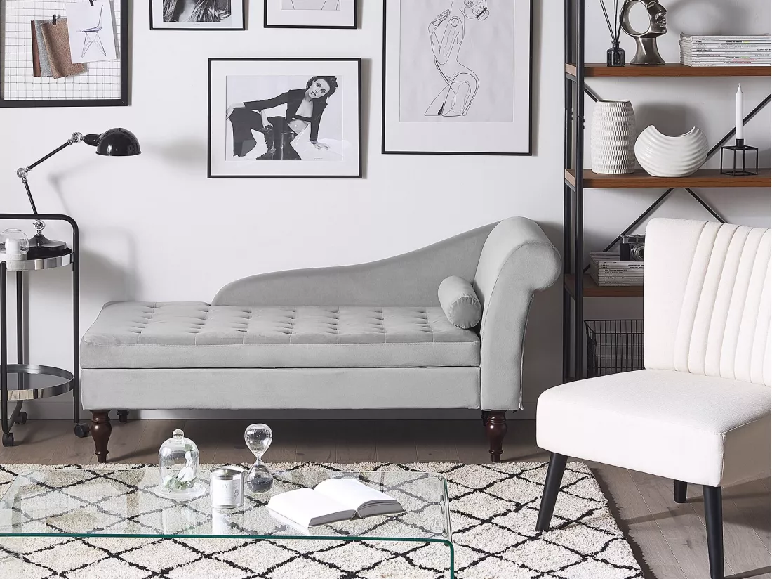 Chaise longue en velours gris clair avec rangement PESSAC II