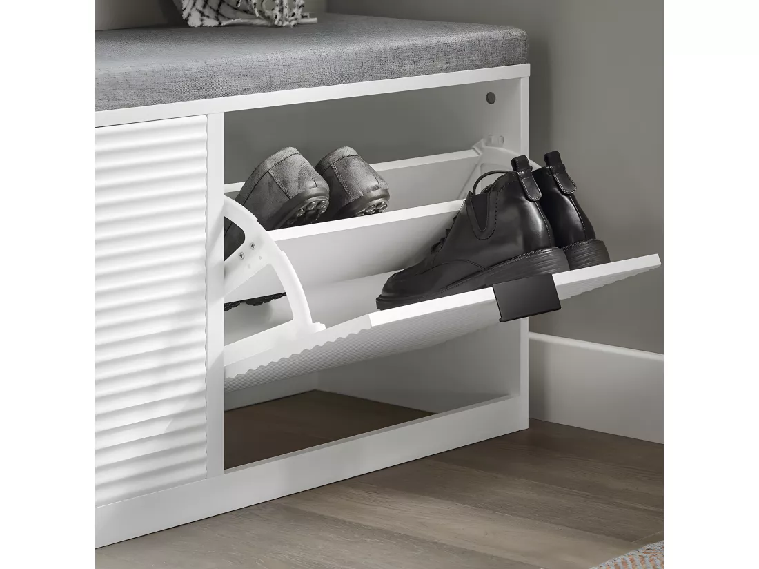 SoBuy Banc à Chaussures Banc d’Entrée Banc de Couloir Armoire à Chaussures avec 2 Abattants Meuble de Rangement pour Entrée avec Coussin Rembourré, 105 x 35 x 48 cm, Blanc, FSR147-W