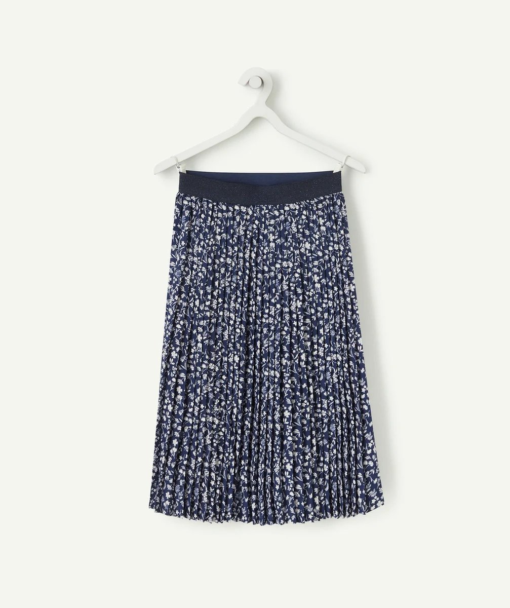 JUPE PLISSÉE MI-LONGUE FILLE EN FIBRES RECYCLÉES MARINE IMPRIMÉ FLEURI