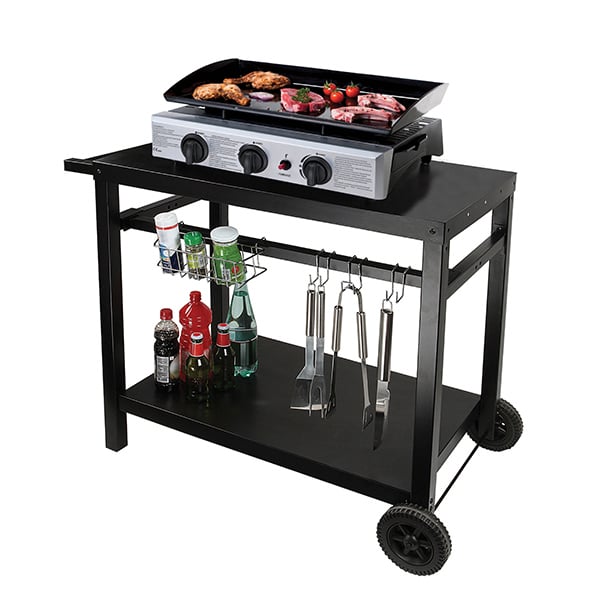 Lot plancha gaz 3 brûleurs avec chariot en métal et housse de protecti