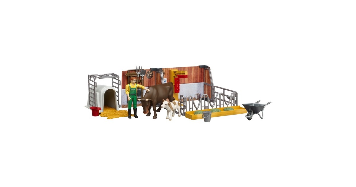 bruderbworld Koeienstal met kalfje en boer Decors  (62611)