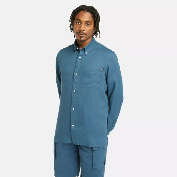 Chemise en lin à poche pour homme en bleu