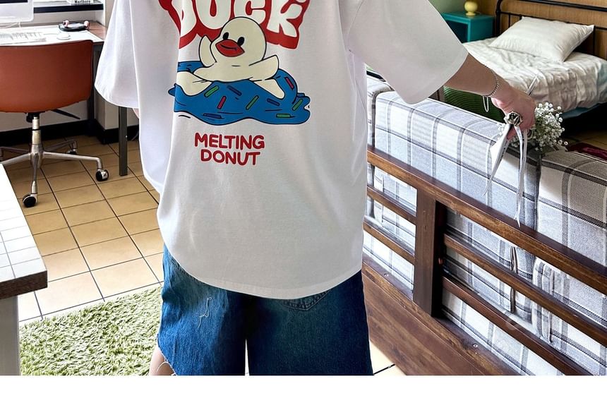SeoulPop - T-shirt met korte mouwen en eendenprint, losvallend