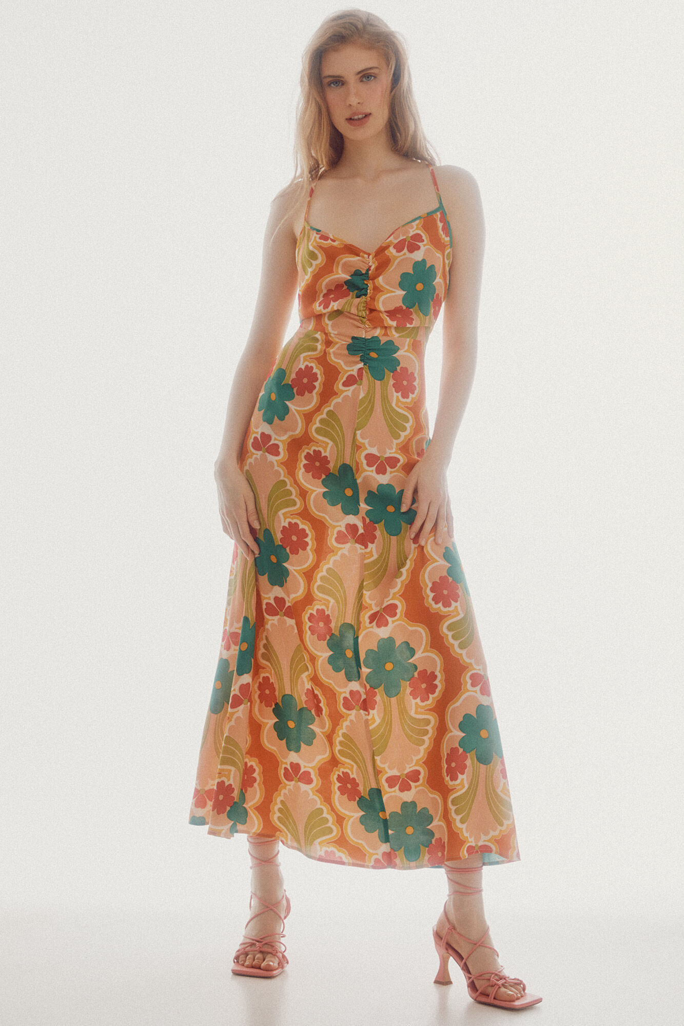 Vestido midi franzido - Multicolorido