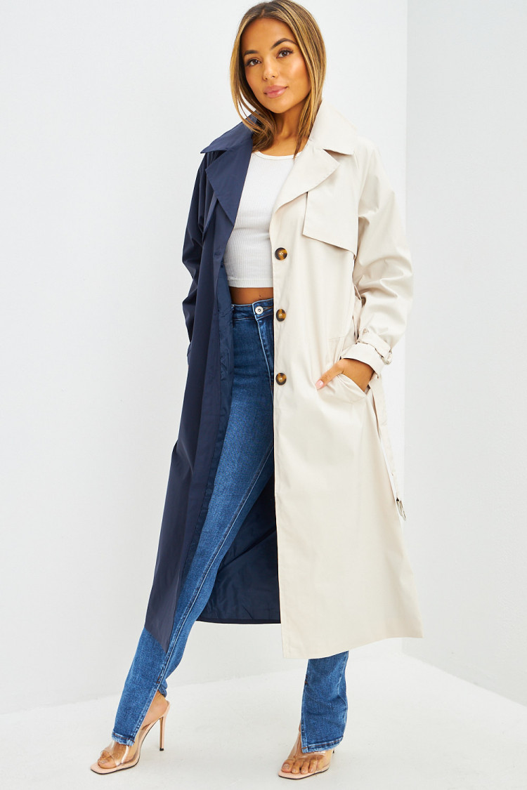 Trench long bicolore beige et bleu marine