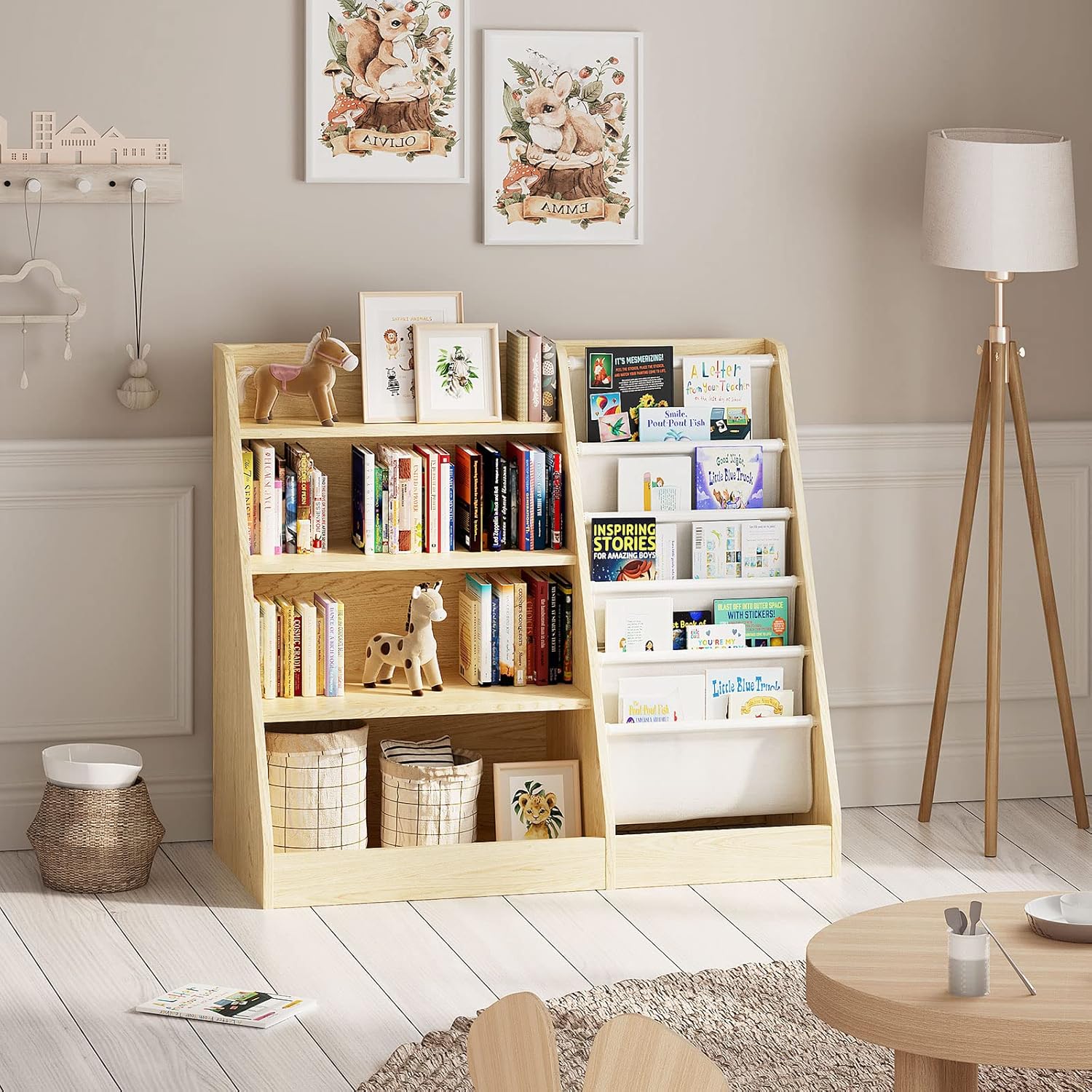 Kinderregal Bücherregal für Kinder 90x40x80cm, mit 5 Ablage und 4 offenen Fächern, Holz, Spielzeugregal, Spielzeug-Organizer für Kinderzimmer, Natur