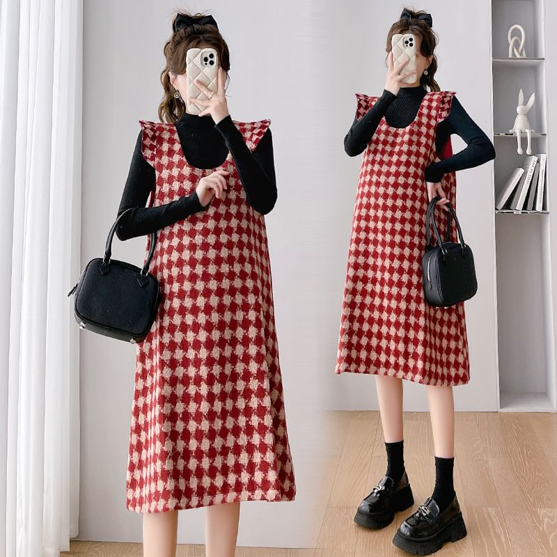 matteira - Zwangerschapsjurk met ronde hals, pied-de-poulemotief, midi-jurk met A-lijn / lange mouwen, effen gebreide top met mockneck