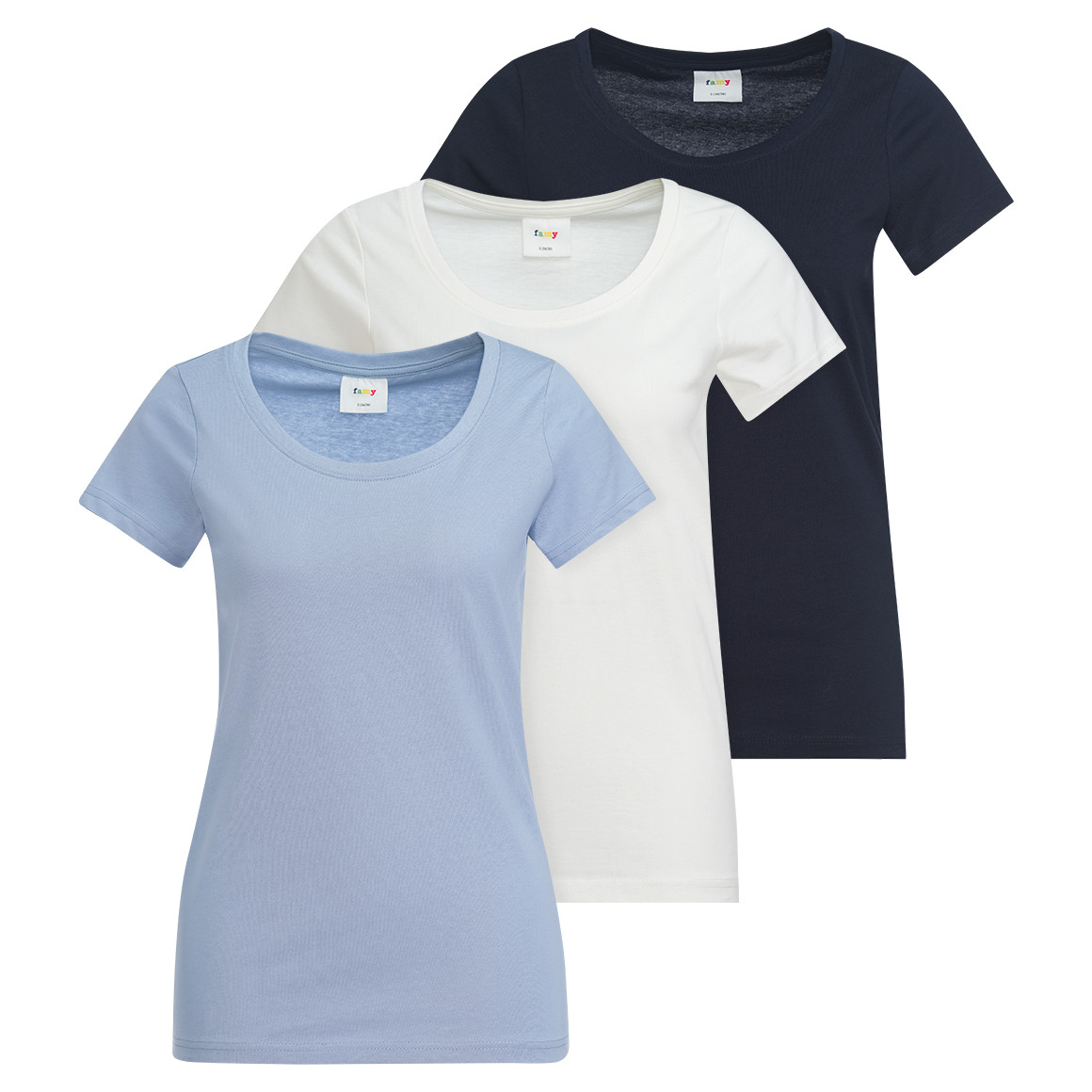 Famy 3 Damen T-Shirts im Basic-Look hellblau / dunkelblau / weiss