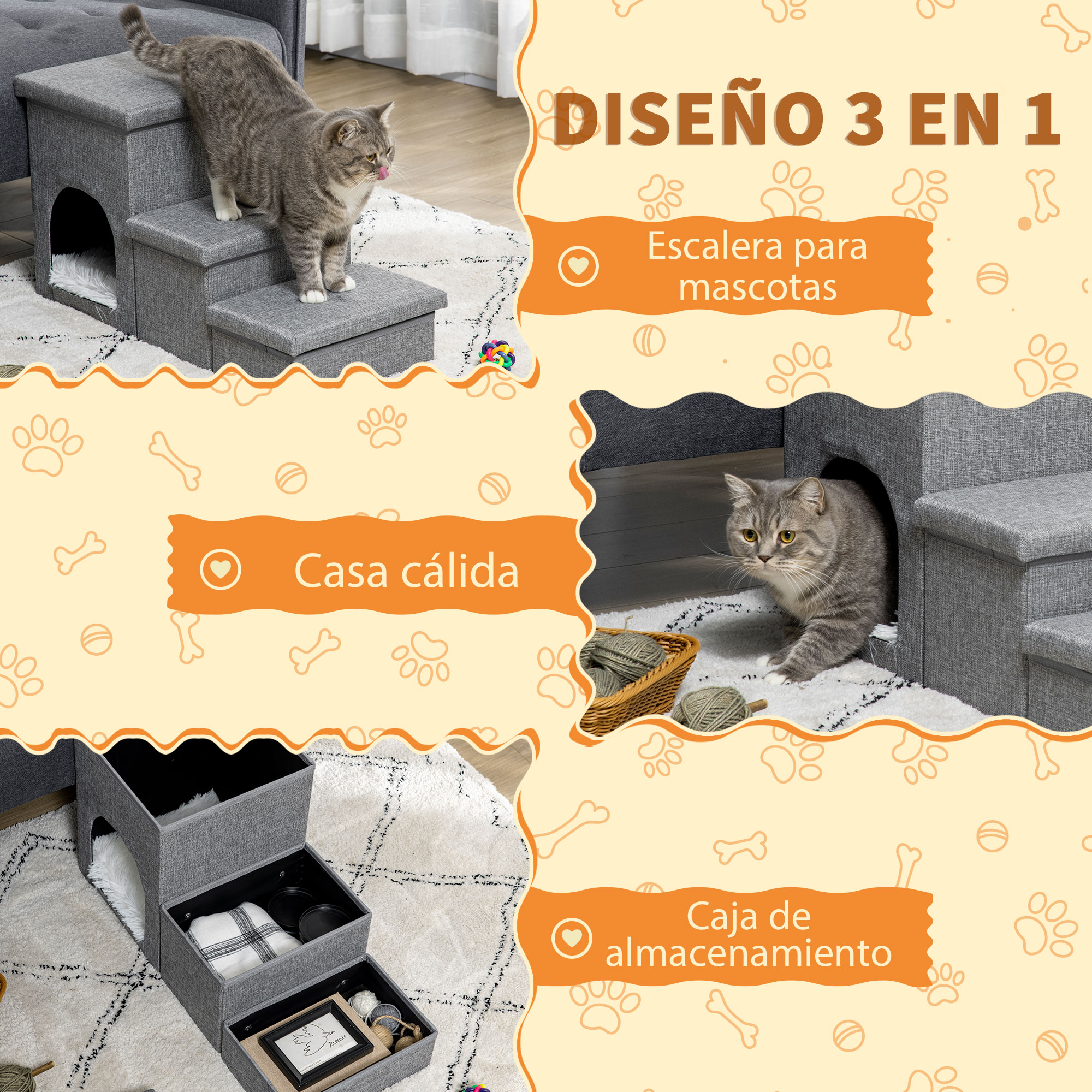 Escada para cães PawHut, rampa de 3 degraus com tampas, 3 caixas de armazenamento, toca e almofada lavável para cama ou sofá, 73,5 x 33 x 40,5 cm, cinza