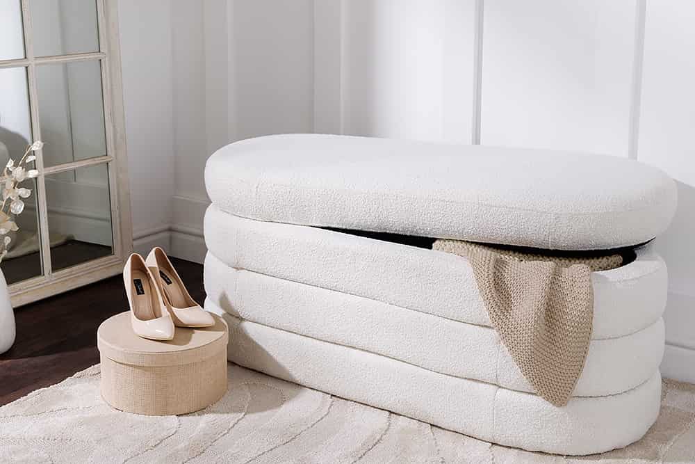 Extravagante Polsterbank VOGUE 115cm creme weiß Bouclé Sitzbank mit Stauraum