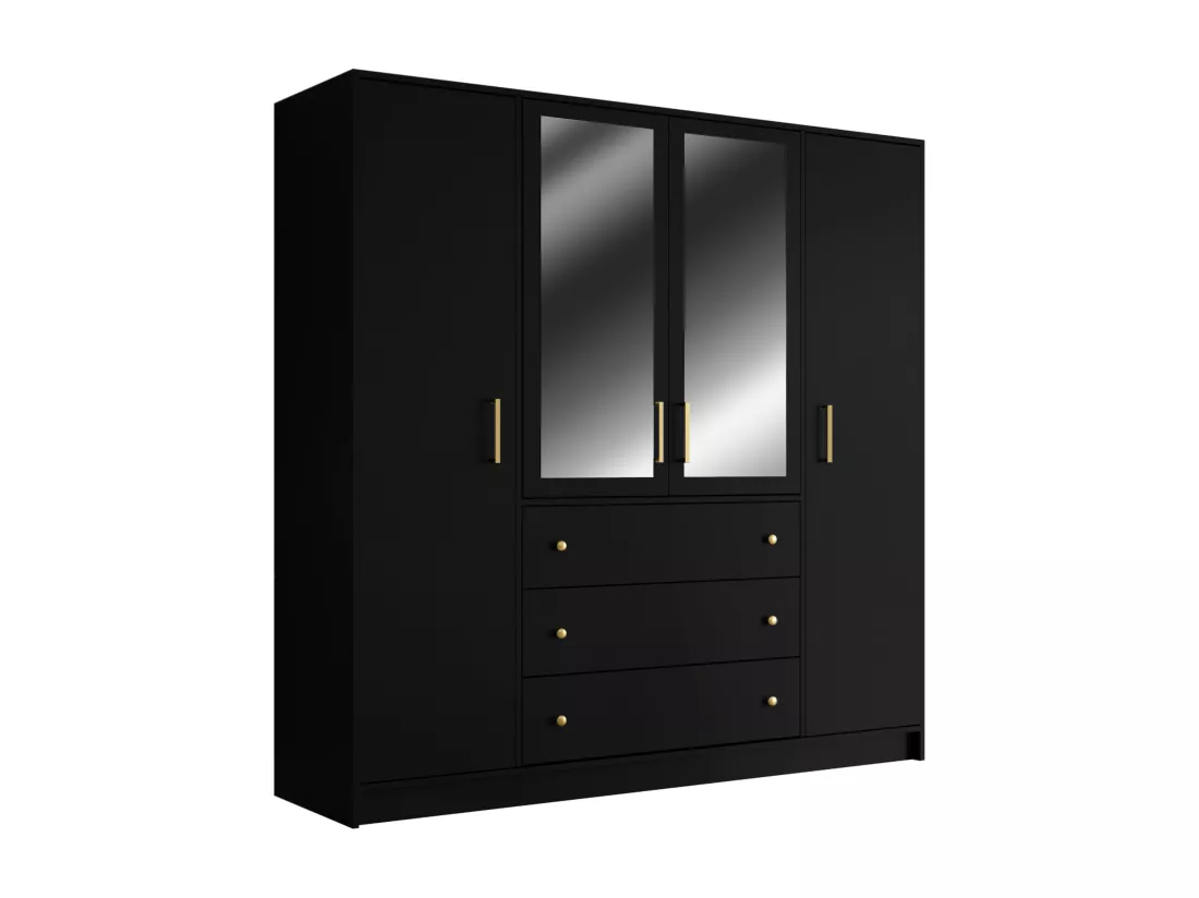 Armoire 4 portes et 3 tiroirs - Avec miroirs - L196 cm - Noir - LIZANDRO