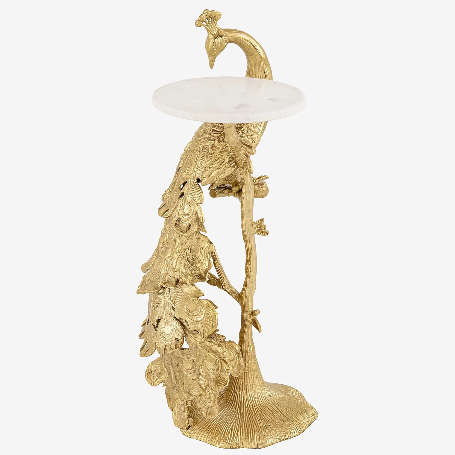 Riess Ambiente Runder Beistelltisch Wildlife Peacock - 75cm - Gold antik weiß - Metall Marmor Pfauen-Skulptur
