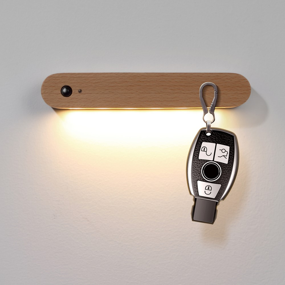 2in1 Magnetische Holz Schlüssel Halterung mit LED Wandleuchte   Lichtsensor - Braun