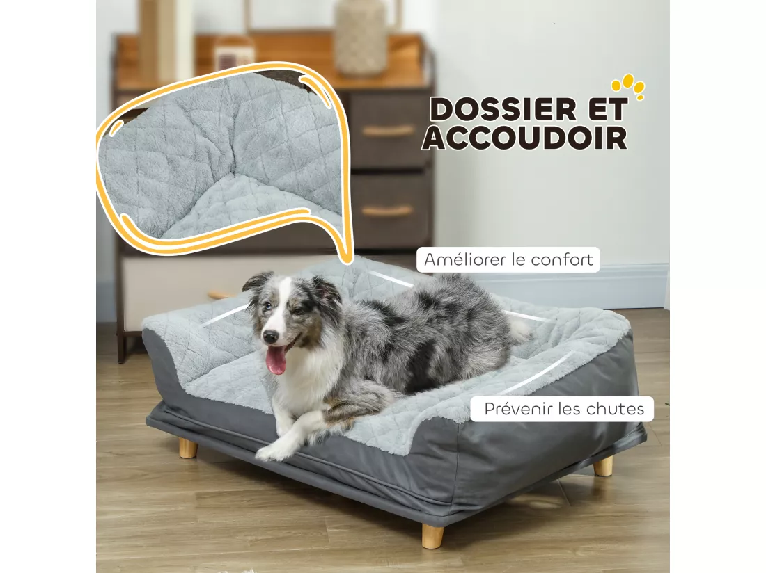 Canapé pour chien grande taille dim. 100L x 70l x 30H cm - housse zippée lavable - bois polyester gris