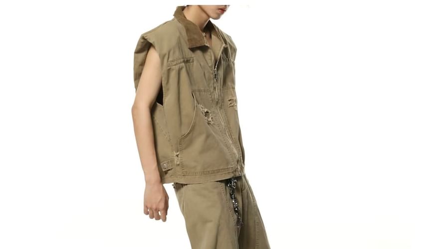 Cowpow - Effen vest met rits en distressed effect