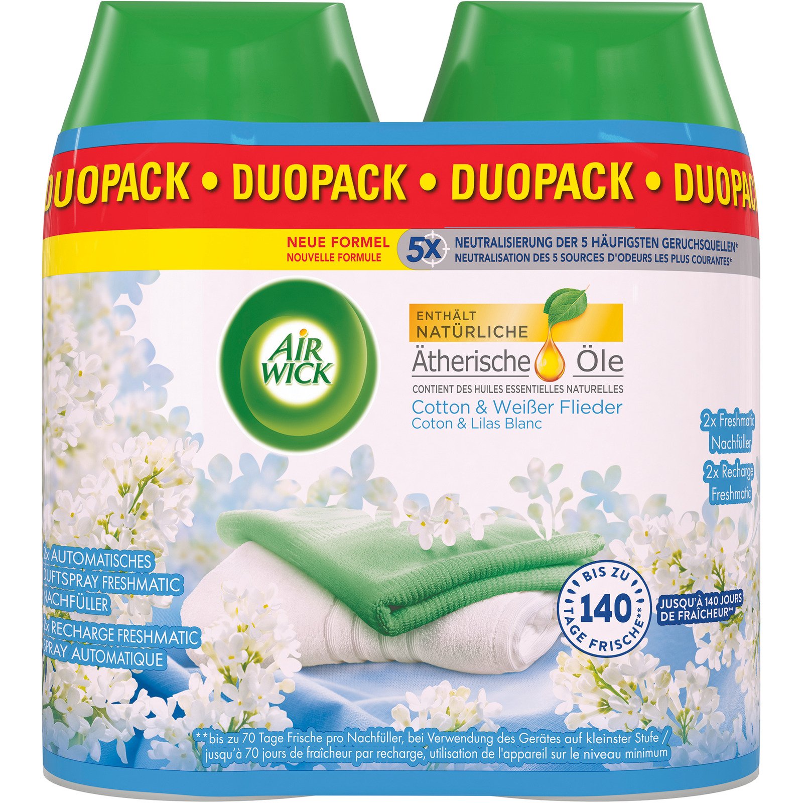 Air Wick Pure Automatisches Duftspray Freshmatic Max Nachfüller Cotton & Weisser Flieder 2 x 250 ml