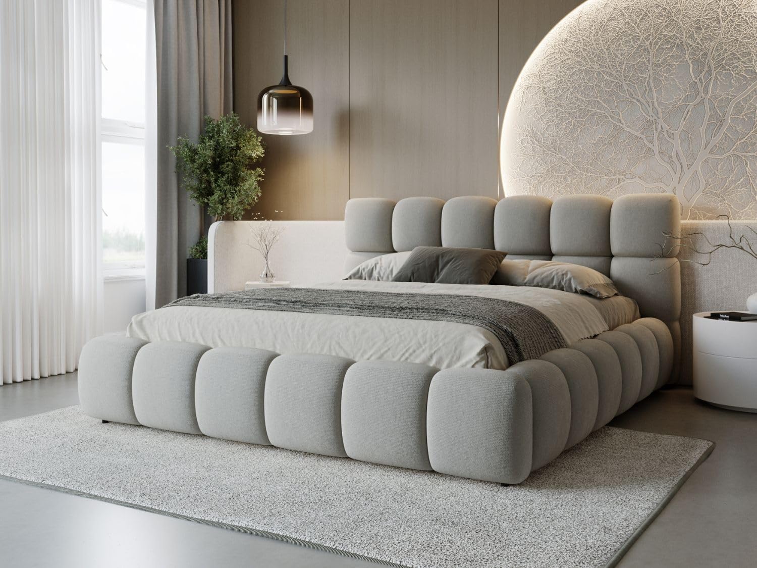 GRAINGOLD Modo Bett 200x200, Polsterbett mit Bettkasten, Polsterbett mit Stauraum, Samt, mit Lattenrost, mit Kopfteil, ohne Matratze (Grau, 200x200)