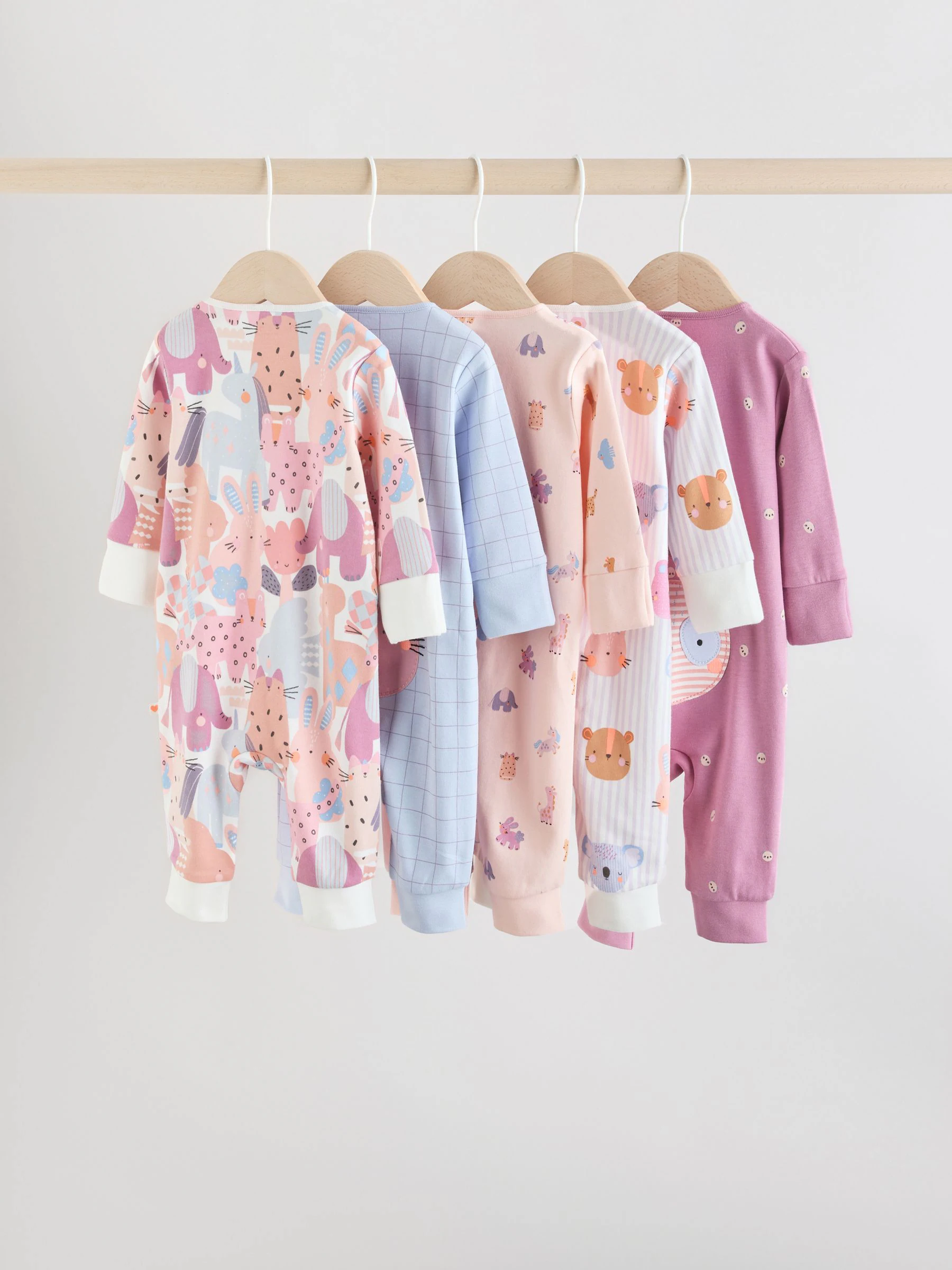Roze met karakteristieke dierenprint - Verpakking van 5 babyslaappakjes met tweewegrits (0 mnd - 3 jr)