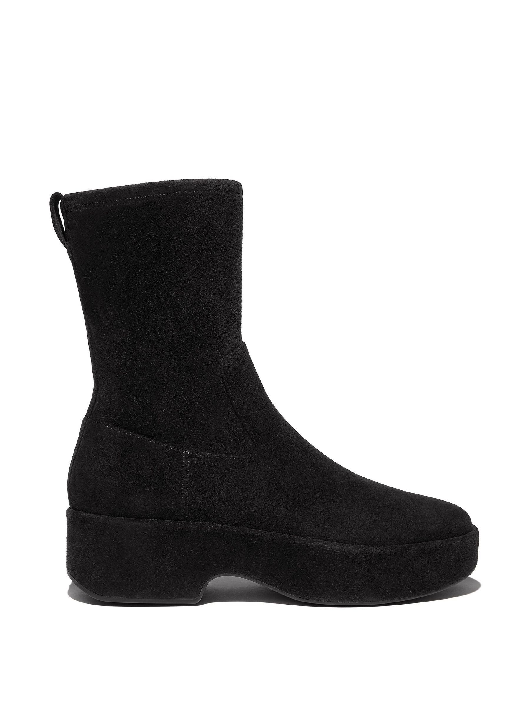 FitFlop F-Luma Stretch Suede Demi Wedge Mid Calf Black Boots