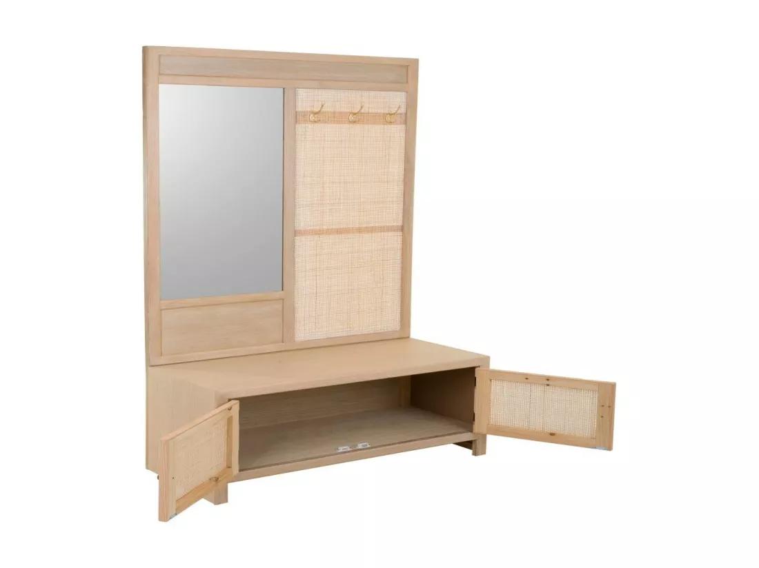 Mobilier d'entrée en bois et grille marron 90x8x181h-90x39x46h