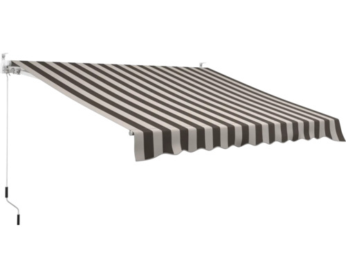 Knikarmscherm 3x2,5, gestreept bruin/beige doek, frame RAL 9003 signaalwit