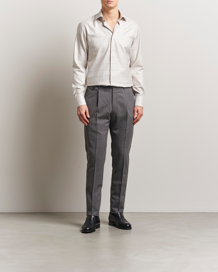 Stenströms Fitted Body Checked Houndstooth Shirt Taupe