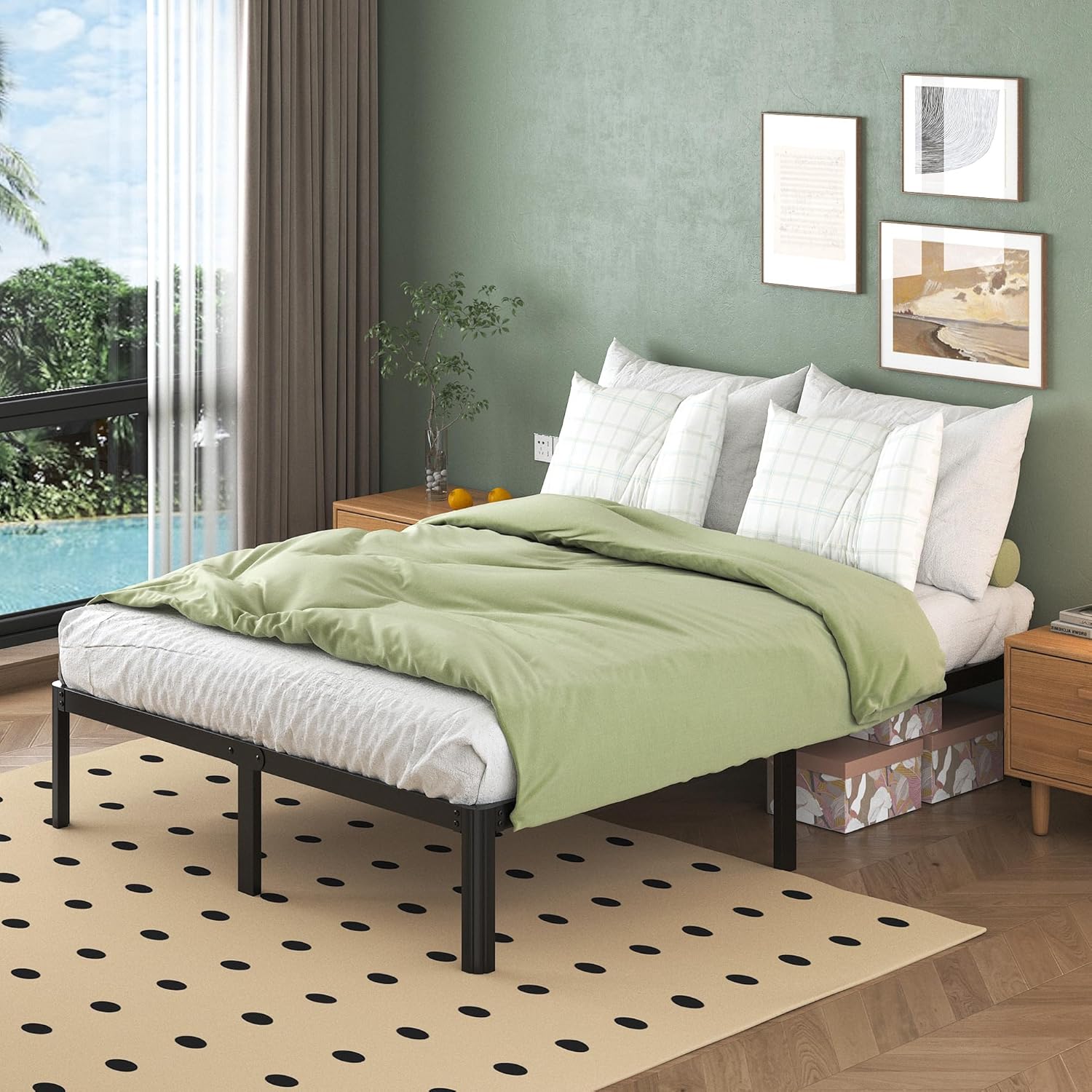 Metallbett 180x200 cm mit Rundes Beine, Höhe 36cm Ehebett Bettrahmen mit Metall Lattenrost, Schwarz