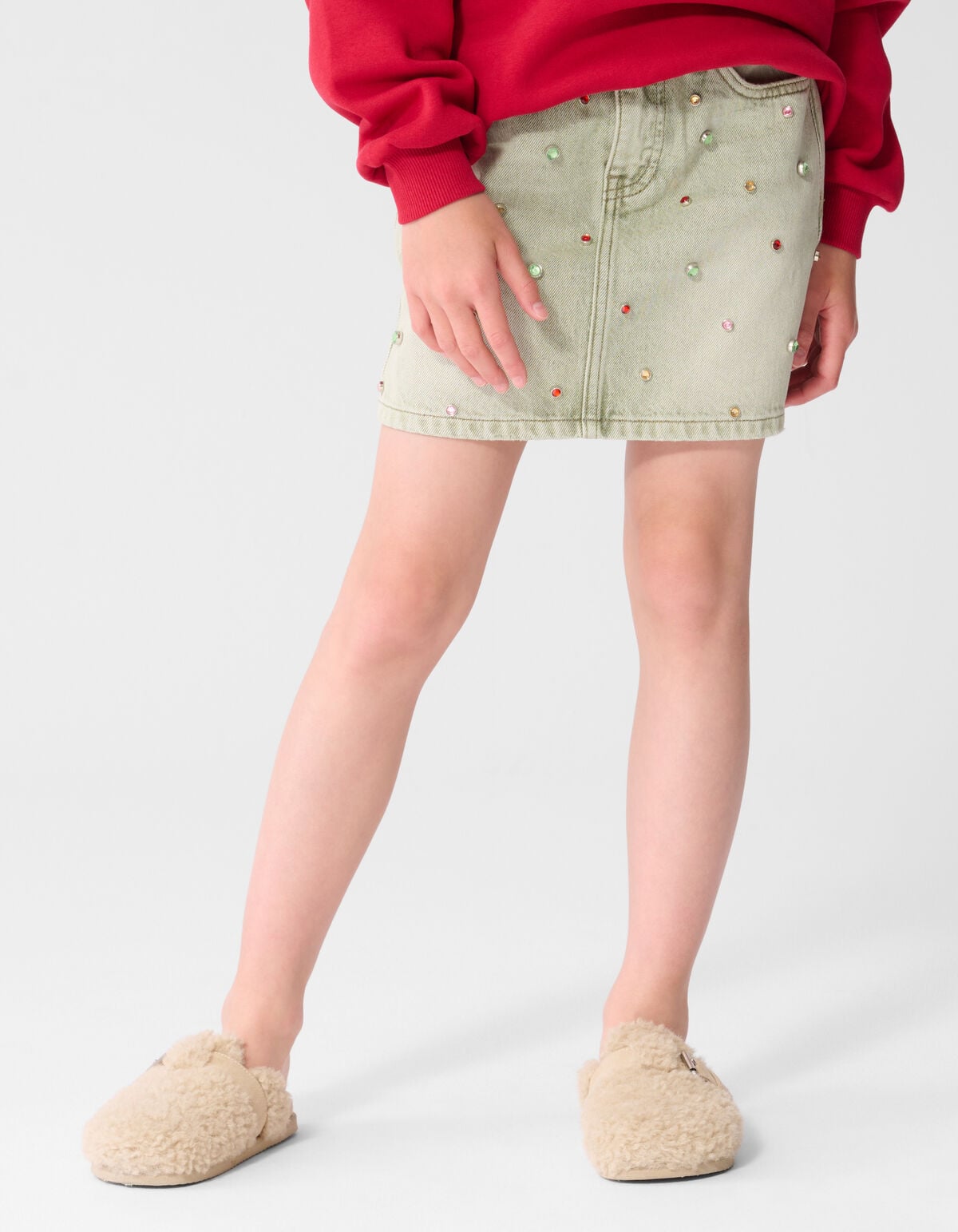 Rhinestone Denim Rok Groen