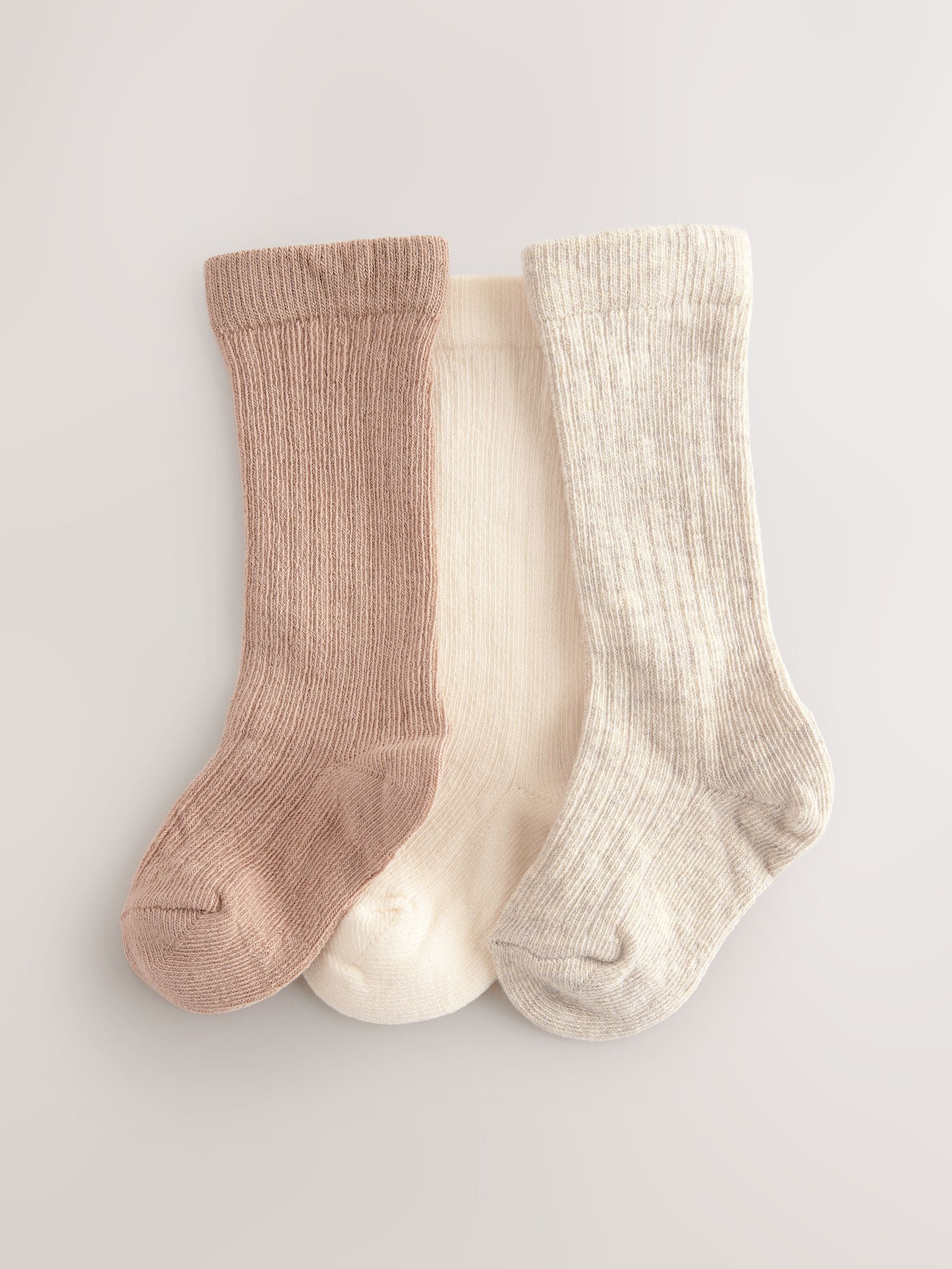 Neutraal - Set van 3 geribbelde kniehoge Baby Sokken (0mnd-2jr)