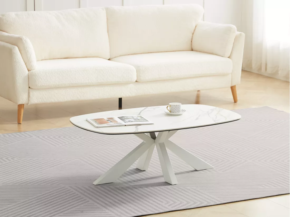 Table basse en verre trempé, céramique et métal - Effet marbre blanc - DERIYA de Maison Céphy