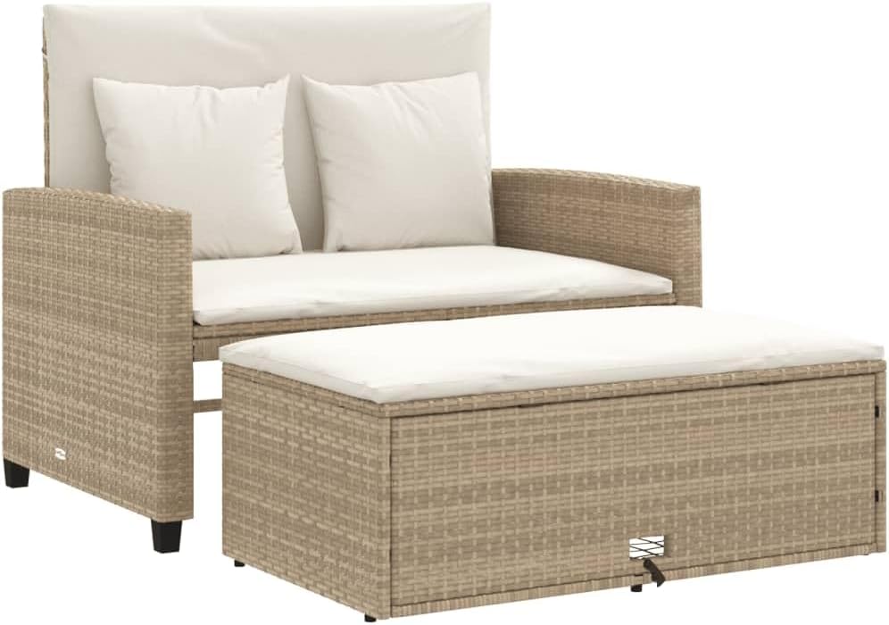 vidaXL Gartensofa mit Kissen 2-Sitzer, Outdoor Sofa mit Hocker mit Staufach, Couch mit abnehmbarm Bezug, Gartebmöbel Gartengarnitur, Beige Poly Rattan ZS4414045
