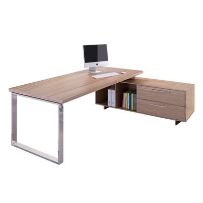 Bureau Manager FLORA - avec console retour réversible - L225 x P170 cm - pieds cadre en métal effet chromé - plateau imitation merisier arabis