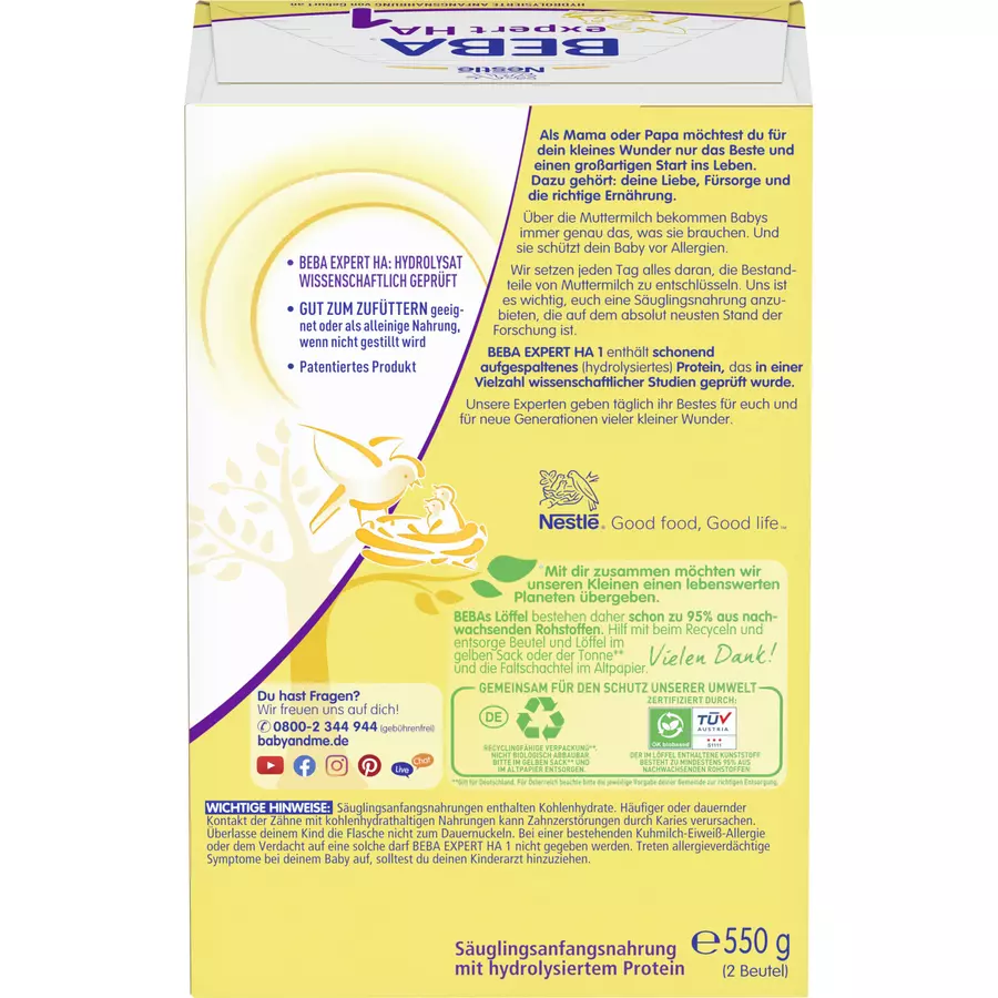 Nestlé Anfangsnahrung BEBA EXPERT HA 1 550 g ab der Geburt