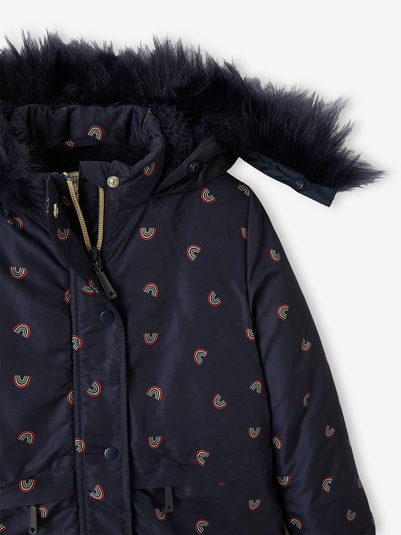 Parka azul-escura estampada com capuz e forro de sherpa para meninas