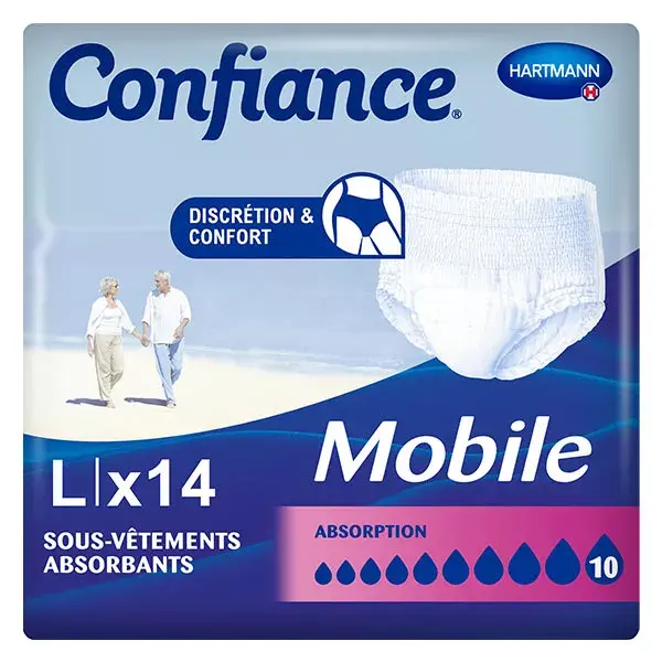 Absorvente Hartmann Confidence Mobile, 10 gotas, tamanho G, pacote com 14 peças de roupa íntima.