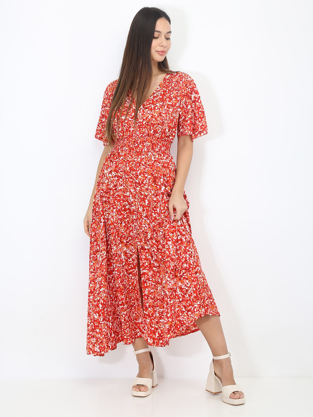 Robe longue à motif tacheté- Rouge